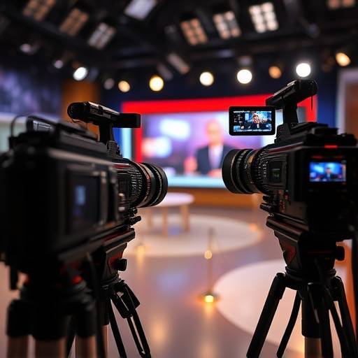 Câmaras de gravaäão profissional em estüdio durante a gravaäão de um programa de televisão.