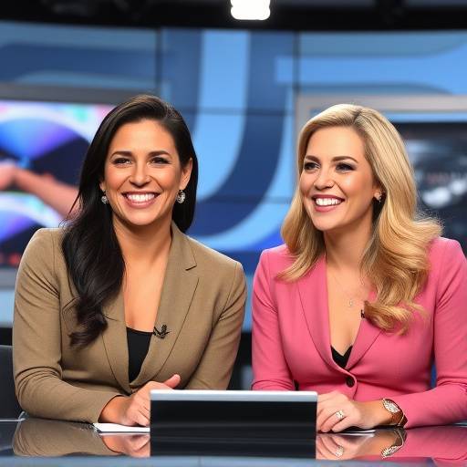Dois apresentadores de televisão sorrindo para a câmara durante uma pausa na gravaäão de um programa.