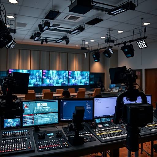 Equipamento de transmissão de vídeo profissional numa estaäão de televisão, com vários monitores e consolas de mistura.