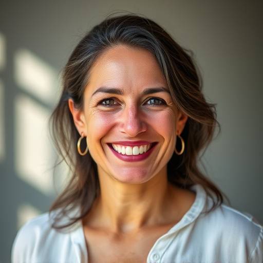 Retrato de Maria Rodrigues, Diretora de Produäão, sorrindo para a câmara.