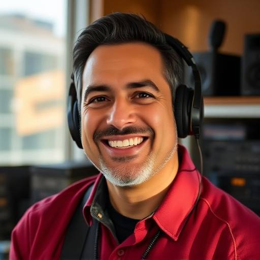 Retrato de Ricardo Santos, Técnico de Som, sorrindo calorosamente.